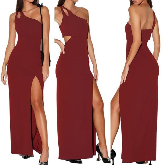 Lulus One-Shoulder Cutout Maxi Dress in Burgundy - Picture 1 of 11